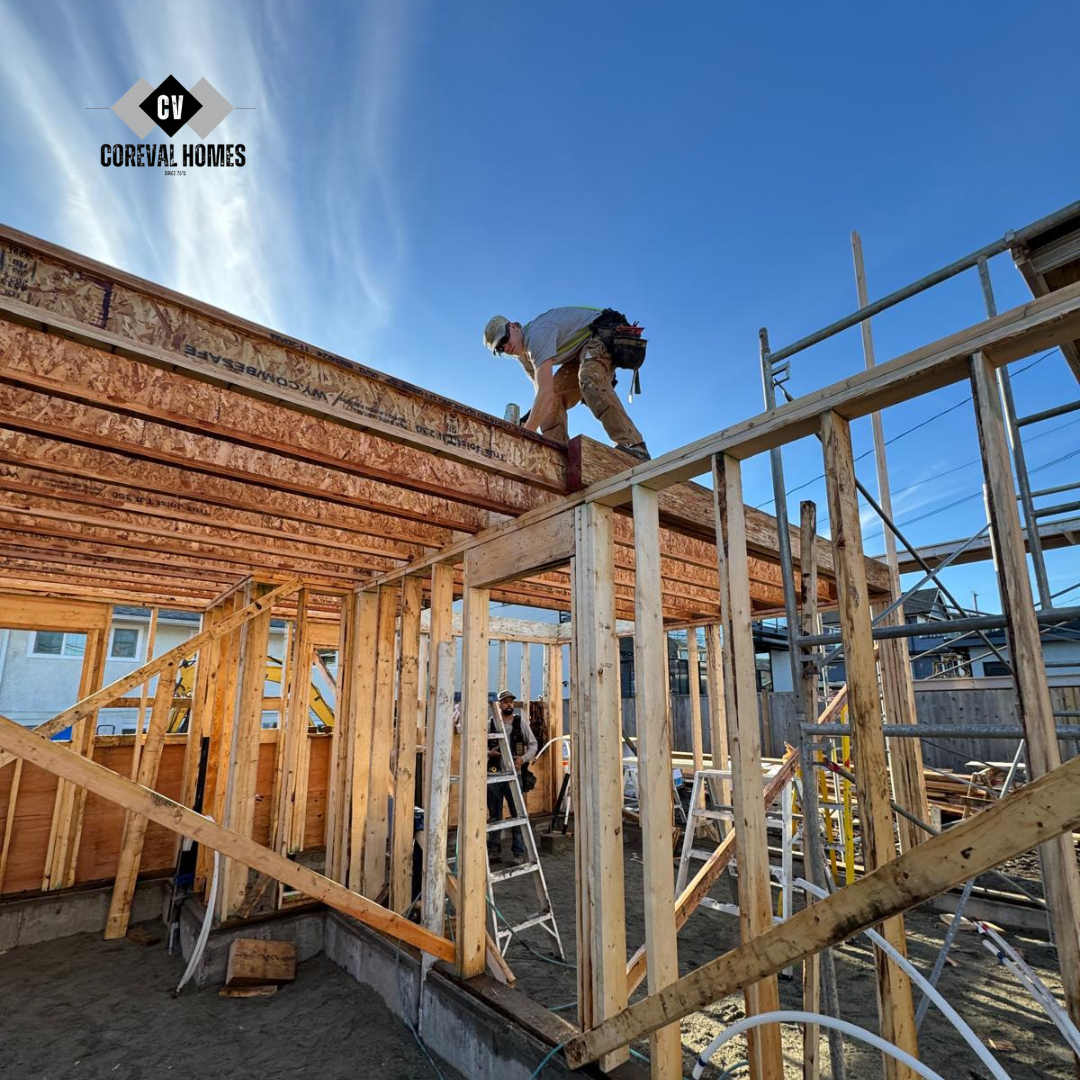 Framing stage of energy-efficient home construction in Vancouver under BC Energy Step Code