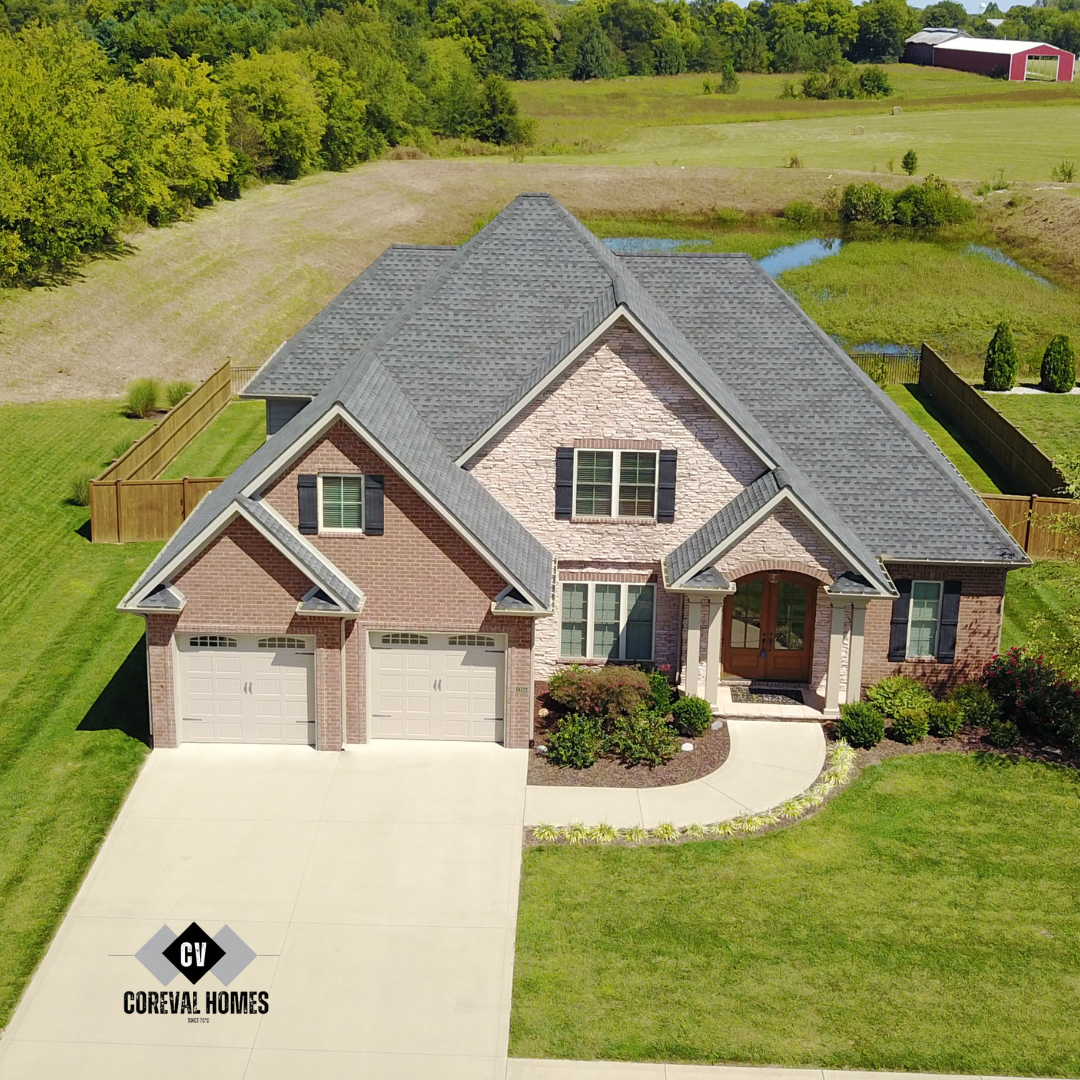 Aerial view of suburban brick house for Vancouver zoning by-laws