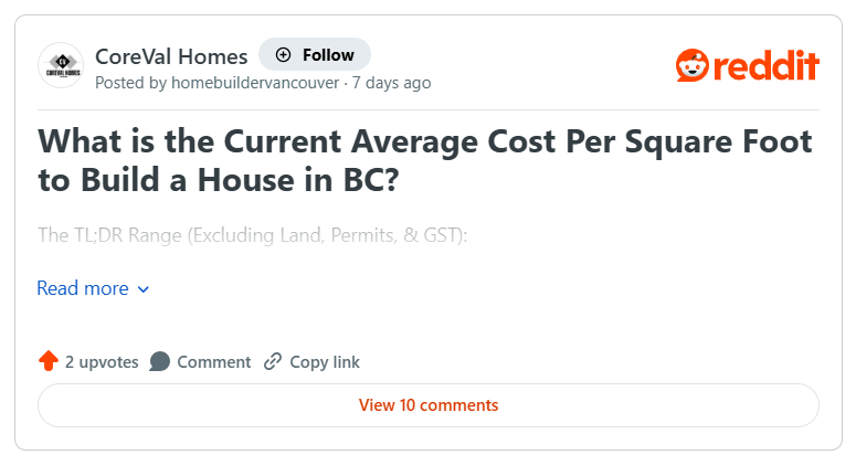 What is the current average cost per square foot to build a house in BC?