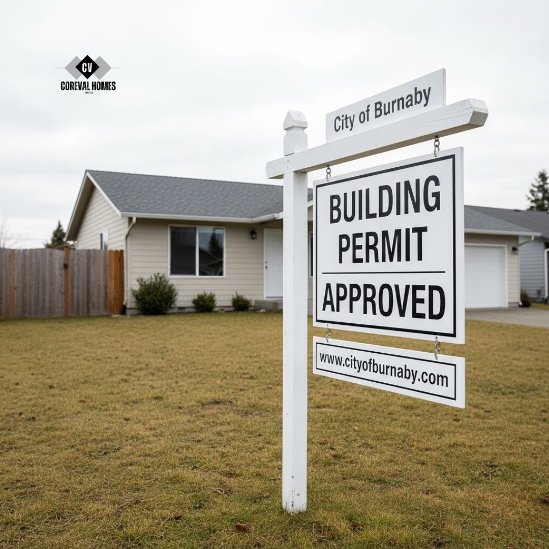 Approved building permit posted on a construction fence at a Burnaby job site, reflecting Burnaby building permit fees 2026